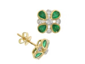 18ct Yellow & White Gold Emerald and Diamond Clover Stud
