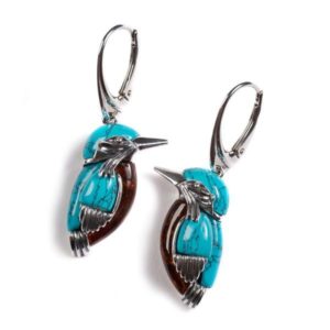 Henryka Kingfisher Bird Drop Earrings In Silver Turquoise And Amber