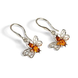 Henryka Tiny Honey Bee Drop Earrings in Silver and Amber