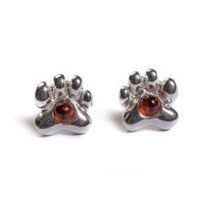 Henryka Paw Print Stud Earrings in Silver and Amber