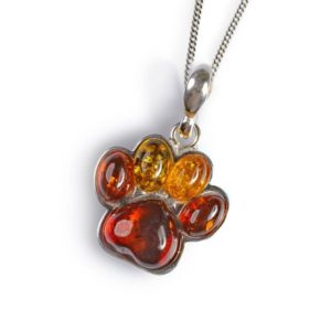 Henryka Paw Print Necklace In Silver And Amber
