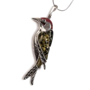 Henryka Large Woodpecker Necklace In Silver Coral And Amber