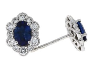 18ct Sapphire & Diamond Millgrain Cluster Earrings