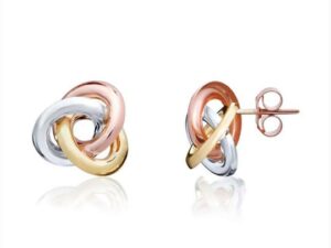 Three Coloured 9ct Gold Simple Woolmark Knot Stud Earrings 12x11.5mm