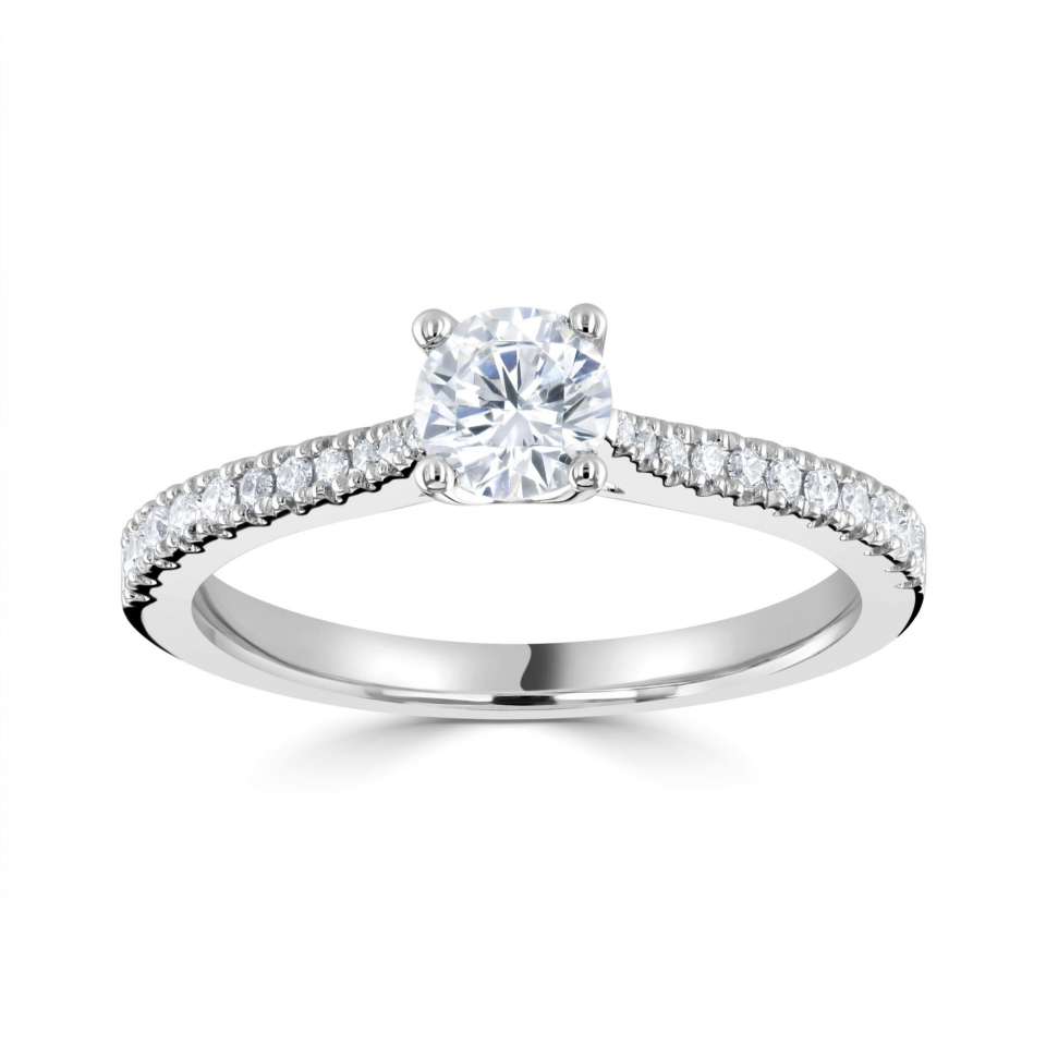 Platinum Classic Four Claw Round Solitaire With Diamond Set Tapered ...